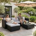 COZYBRITE Garden Corner Sofa Rattan Furniture Set 4 Seater Patio Outdoor Lounge Settee with Glass Coffee Table All-weather SFS066 (Black Rattan+Grey Cushion) - 7