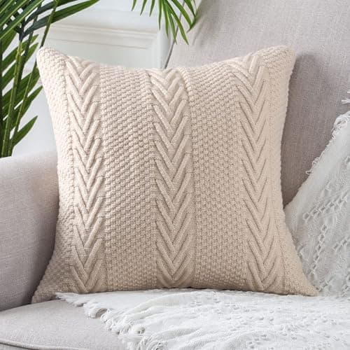 Mandioo Cotton Knitted Beige Decorative Throw Cushion Covers Soft Cosy Decorative Cushion Cover Luxury Modern Decorative Couch Cushion Covers for Sofa Couch Living Room 40 x 40 cm