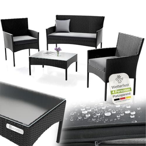 Juskys Polyrattan Sitzgruppe Fort Myers 4 Personen mit 2er Sofa, 2 Stühle, Tisch & Sitzkissen wetterfest schwarz/grau Balkonmöbel Gartenmöbel Set