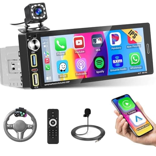 Single Din Car Stereo with Wireless Apple Carplay Android Auto, 6.9" IPS Touchscreen Car Stereo with 4-Channel RCA Bluetooth 5.2 Mirror Link Backup Camera GPS Navigation 2 USB Fast Charge FM AM EQ SWC