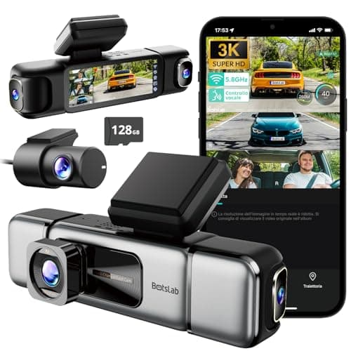 BOTSLAB 3K 4 Canali Dash Cam, Telecamera Anteriore 3K/4K e Telecamera per Auto 1080p*3 Sinistra Destra Interna, Dash Cam a 560° per Auto, 5,8GHz WiFi,GPS, Controllo Vocale, Scheda SD da 128 GB Inclusa