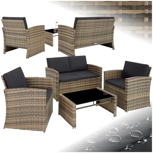 tectake® Conjunto Jardín de Ratán y Acero, Muebles Jardín Exterior, 2 Sillones 1 Sofá 1 Mesa con Cristal, Conjunto Terraza Resistente a Intemperie, con Cojines, Fundas Extraíbles - natural/gris oscuro