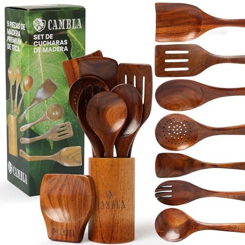 Utensilios de Cocina Madera - 9 pzas - Madera de Teca - Antiarañazos - Set de Espatulas y Cucharones de Cocina - Agarre Comodo para sartenes Antiadherentes - CAMBLA