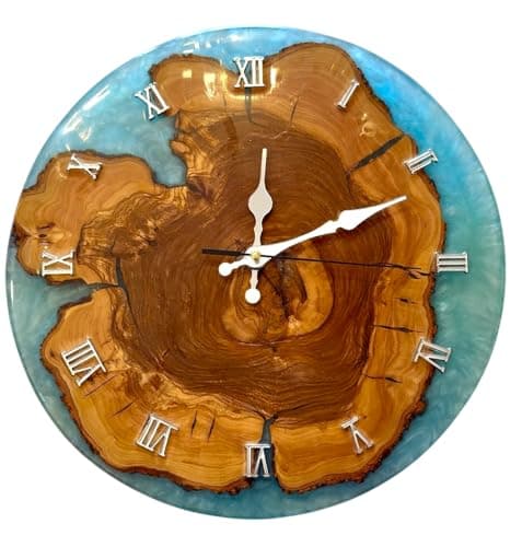 Generico Orologio da Parete Artigianale in Legno d'Ulivo e Resina, Design Rustico, 32 cm, Fatto a Mano