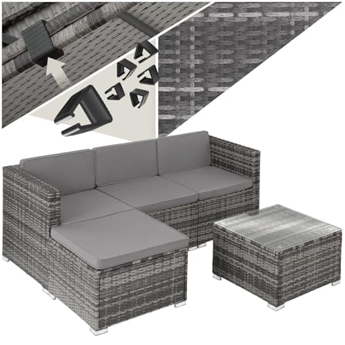 tectake® Poly Rattan Lounge, Outdoor Sitzgruppe, Set mit Sofa Sessel, Hocker, Tisch, frei kombinierbar, Sitzecke für 3-4 Personen, Möbel wetterfest für Garten Terrasse Balkon - grau