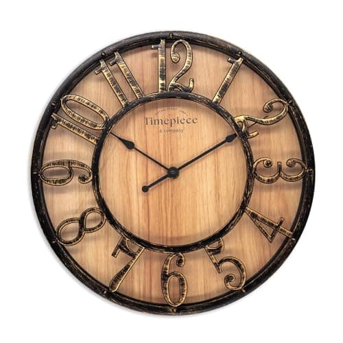 K&L Wall Art große Vintage Wanduhr industrielle Landhaus Wanduhren Holz-Metalloptik ohne Tickgeräusch lautlose Uhr (Farmhouse Brown, Ø 50cm)