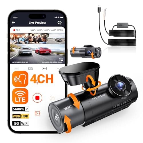 VANTRUE N5S Dashcam & VP03 Hardwire Kit, 2.7K+1080P+1080P+1440P Vorne Innen Hinten, HDR+WDR Auto Kamera mit 5GHz WLAN GPS, DSGVO Datenschutz Dash Cam