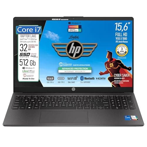 HP 250 G10, Pc portatile notebook, Intel Core i7 1355u, 10 cORe, Ram 32Gb, SSD Pci 512Gb, Display 15.6" Full HD, Win 11, portatile pronto all'uso, Include Cybersaver 24 mesi, garanzia Italia 3 anni