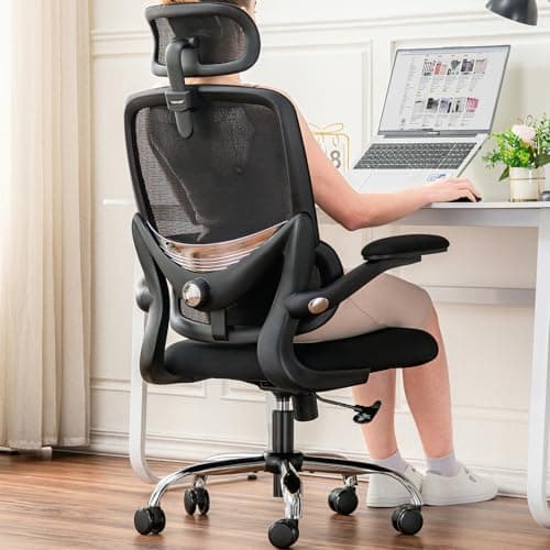 TONFARY Sedia da ufficio ergonomica per casa, schienale alto in rete, con supporto lombare regolabile, braccioli pieghevoli, poggiatesta rimovibile, salvaspazio, 150 kg (nero)