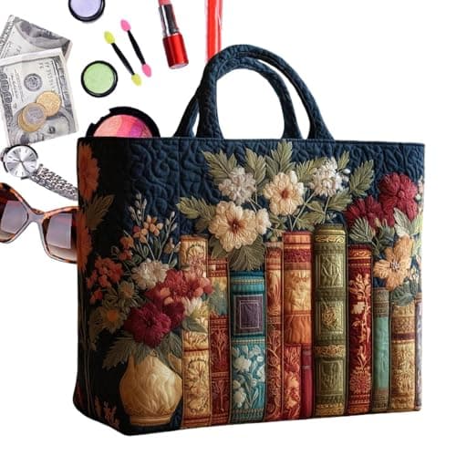 Gesteppte Tragetaschen – Canvas-Tragetasche Mit Buch- Und Blumenmuster, Vintage-Damenhandtaschen | Gesteppte Schulter-Einkaufstasche Für Damen Aus Polyester-Baumwolle Für Lehrer, Studenten, Schule, Ho