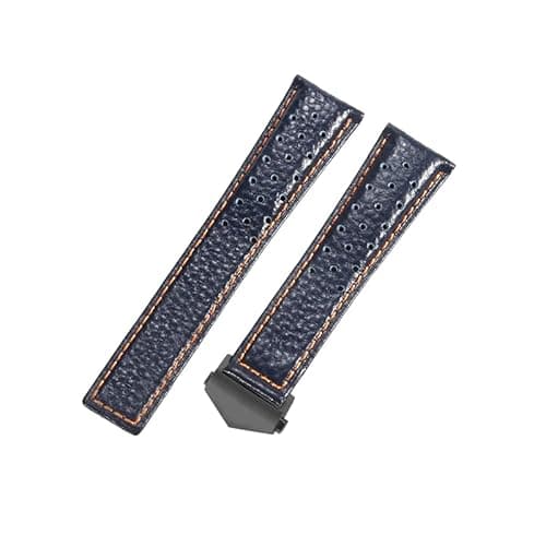 ROUHO 22mm Atmungsaktives Echtleder Uhrenarmband Schweißfestes Ersatz Uhr Band für Tag Heuer Carrera Heritage Chronograph 6-Blau + Schwarz