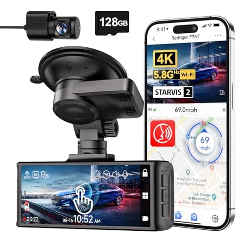 REDTIGER 4K STARVIS 2 Dashcam Auto Vorne Hinten,Touchscreen 3,18 Zoll,Sprachsteuerung,Dash Cam Auto 5.8GHz WiFi 6,GPS,Kostenlose 128GB Karte,2160P UHD-Nachtsicht,Notfall-Sperre,Parkmonitor (F7N Touch)