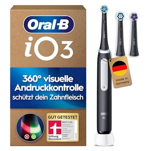 Oral-B iO Series 3 Plus Edition Elektrische Zahnbürste — Electric Toothbrush, Inkl. 3 Aufsteckbürsten, 3 Putzmodi für Zahnpflege — Designed by Braun, GUT GETESTET von STIFTUNG WARENTEST, Schwarz