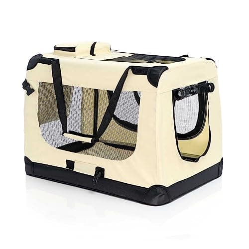 Fudajo Faltbare Transportbox für Hunde, Katzen XL (82x56x58cm), robust, leicht, sicher, Hundebox mit Tragegriff und Decke, Beige