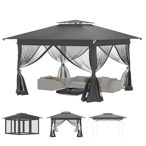 Gartenpavillon Pop Up Pavillon 4x4m, Wasserdicht UV-Schutz Stabil Faltpavillon 3-Stufen Höhenverstellbar Gartenzelt mit 4 Moskitonetz Seitenteilen & Doppeldach Partyzelt inkl. Tragetasche, Anthrazit
