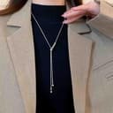 Cybche Boho Lariat Silver Necklaces Long Beads Drop Necklaces Minimal Bead Choker Necklace Silver Beaded Y Necklace Snake Chain Pendent Jewelry for Women - 3