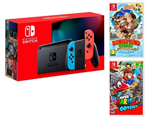 Nintendo Switch rojo/azul neón 32 GB Pack + Super Mario Odyssey + Donkey Kong: Tropical Freeze