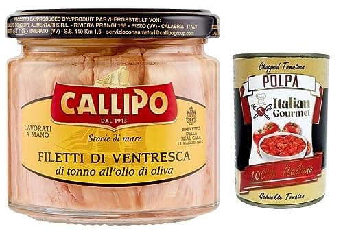 Callipo Filetti di Ventresca di Tonno all'olio di oliva,Ventresca-Thunfischfilets in Olivenöl,dem wertvollsten Teil des Thunfischs,Glas 200g + Italian Gourmet Polpa di Pomodoro 400g Dose