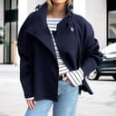 Dasongff - Abrigo corto de lana con cuello alto y botones para mujer con bolsillos, azul marino, M - 4