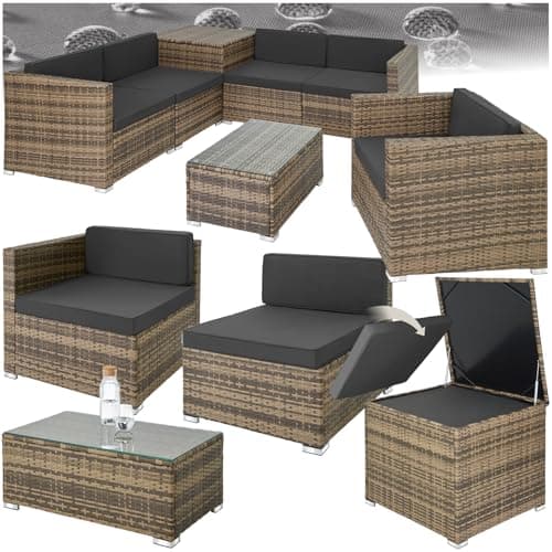 tectake® Conjunto Jardín de Ratán, Muebles Jardín Exterior 5 Sillones, 1 Mesa Cristal, 1 Caja Almacenamiento, Conjunto Terraza Resistente a la Intemperie, con Cojines, Estructura en Acero - Natural