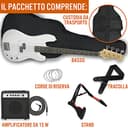 3rd Avenue Kit pacchetto basso elettrico beginner dimensioni standard 4/4 con amplificatore da 15 W, custodia, cavo di connessione, tracolla, stand e corde di riserva – Bianco - 3