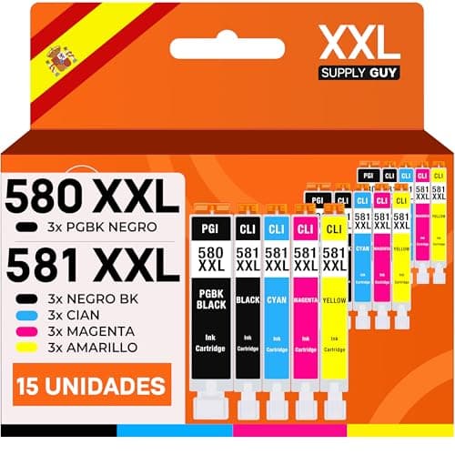 Supply Guy 580XXL 581XXL Cartuchos compatibles con Canon PGI-580 CLI-581 para Pixma TS705 TS705a TS6350 TS6350a TS6351 TS6351a TS6300 TR8550 TS9550 TR7550 Multipack 15 Cartuchos de Tinta 580 581 XXL