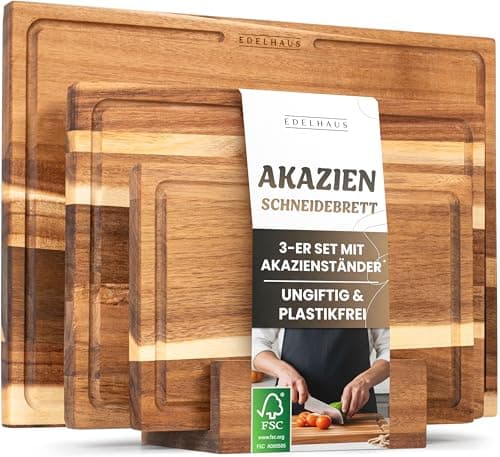 EDELHAUS Schneidebrett Holz 3er Set (40x30cm / 33x24cm / 26x18cm) Holzschneidebrett aus Massiver Akazie - 2cm dicke Holzbretter Küche mit Saftrille - Design Cutting Board Schneidbrett Set