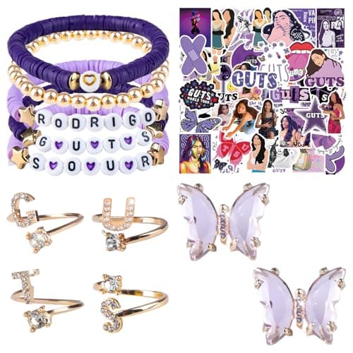 Kitimi Olivia Merch Set para Fans, Pulsera Inspirada en el Álbum de Música Sour Guts Pulsera Morada Rodrigo, Pendientes de Mariposa Morada Pegatinas para Concierto Fan Regalos para Amantes de la