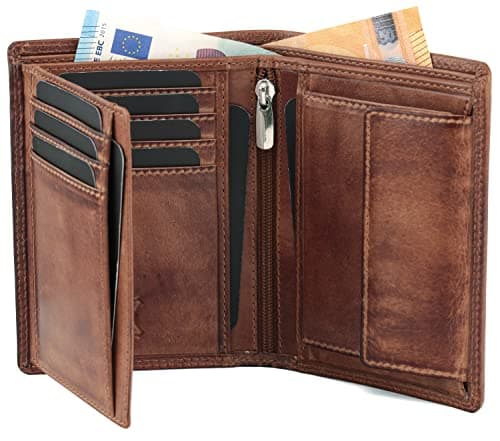 Fa.Volmer ® Cartera de piel de búfalo auténtica, cartera grande para hombre y mujer, protección RFID certificada por TÜV en color marrón y negro, marrón envejecido