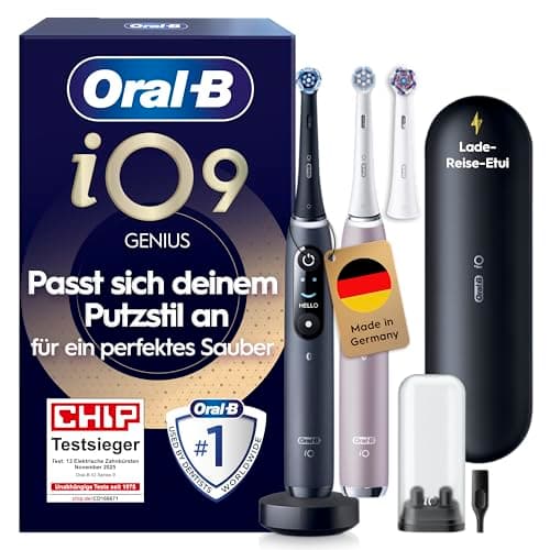 Oral-B iO Series 9 Elektrische Zahnbürste, Doppelpack — Electric Toothbrush, Inkl. 3 Aufsteckbürsten, Lade-Reise-Etui, Schnellladestation — 7 Modi für Zahnpflege, Designed by Braun, Schwarz und Rosa