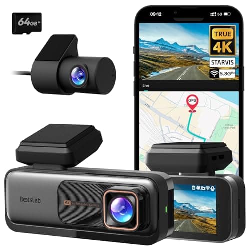 BOTSLAB Dashcam Auto Vorne Hinten, 4K Dashcam Auto GPS mit WiFi, Dual Autokamera mit 64GB SD Karte, ADAS, Nachtsicht, 170°Weitwinkel, WDR, 2,45" IPS, 24/7 Parküberwachung, Loop-Aufnahme