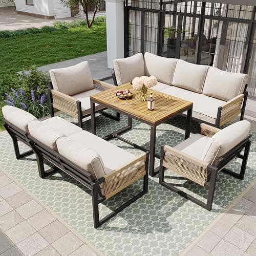 Ktipm Muebles Jardin Exterior Modular para 7 u 8 Personas, Conjunto Jardin Exterior con Respaldo Cómodo y Reposabrazos Tejidos, Sofa Exterior 7 Piezas con Mesa y Sillón, Garden Furniture, Beige