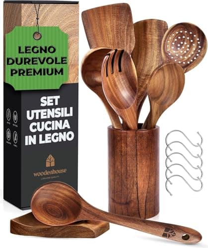 Set Mestoli in Legno, Cucchiaio Legno - Utensili Cucina in Legno per Cucina con Porta e Poggiamestolo - Pentole Naturali Antiaderenti - Set durevole di 13 pezzi