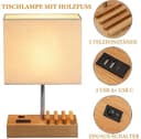 Dreamholder Tischlampe mit 3 USB A+C Anschlüssen, 3 Telefonständer, Moderne USB Nachttischlampe für Schlafzimmer, Wohnzimmer, Büro, Nachttischlampe mit Naturholzsockel & Stoffschirm - 3