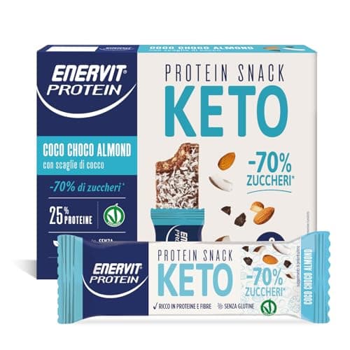 Enervit, Protein Snack Keto Coco Choco Almond, -70% di Zuccheri, Ricco in Proteine, Per il Controllo del Peso, Indicato per la Keto Diet, VeganOK, Senza Glutine, 8 Barrette da 35g