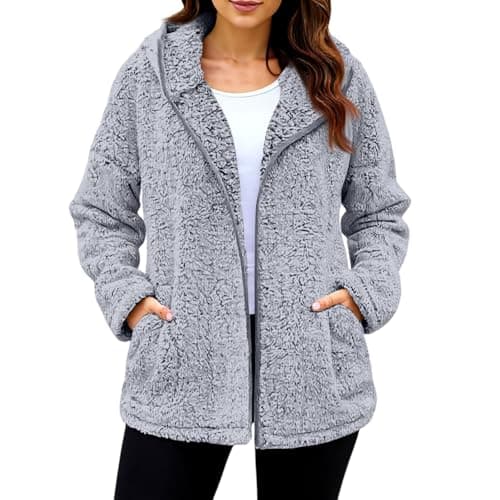 TOFOTL Lana Cardigan Inverno Donna， Maglioni Aperto Classico in Pile a Bouclé, Maglieria in Ciniglia con Cappuccio, Elegante Giacca da Finta con Tasche Outerwear 15-Blu L