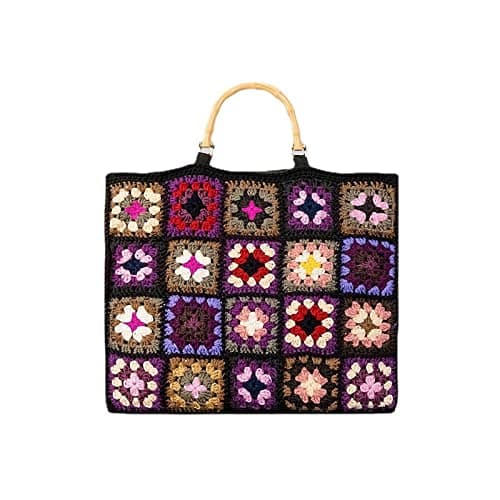 UOXOO Borsa Da Donna In Tessuto Scozzese A Contrasto Nonna, Borsa A Mano All'uncinetto In Filo Di Cotone Fatto A Mano, Borsa A Tracolla In Bambù