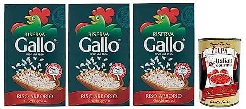 3x Gallo Riso Arborio Riserva,100% Italienischer Reis,Kochzeit 15 Minuten,Packung mit 1Kg + Italian Gourmet Polpa di Pomodoro 400g Dose