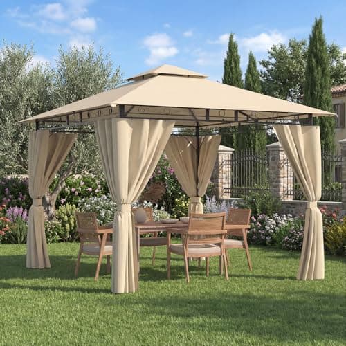 Devoko Garden Pavillon 3x3 Wasserdicht Stabil Winterfest Deluxe Gazebo, UV-Schutz 50+ Doppellagiges Grilpavillons mit seitenwänden für 4-8 Personen, Partyzelt für Freizeit, Partys, Beige