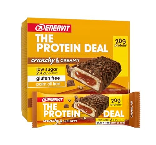 Enervit, The Protein Deal Caramel Fun, Barrette Proteiche, Gusto Cioccolato al Latte, Ripieno Morbido al Caramello, Snack Goloso, 20g di Proteine, 2,4g di Zuccheri, Senza Glutine, 12 Barrette da 55g