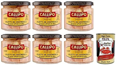 6 x Callipo Filetti di Ventresca di Tonno all'olio di oliva, Ventresca tuna fillets in olive oil, the most valuable part of tuna, glass 200 g + Italian Gourmet Polpa di Pomodoro 400 g tin