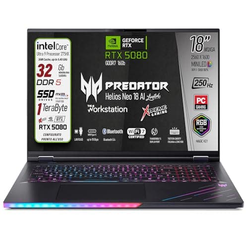 acer Predator Helios 18 AI Portatile Gaming, Intel Ultra 9-275X, RAM 32 Gb DDR5 SSD 1 TB, Display 18" WQXGA 250Hz MINILED, GeForce RTX 5080 16Gb GDDR7, WI-FI 7, Win 11, Ready to use