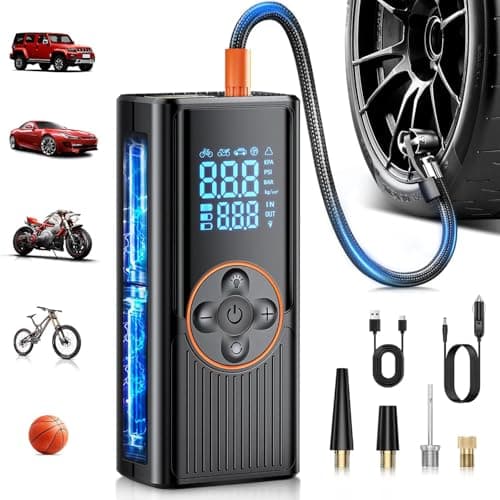 Compresor Aire Portátil 8000mAh, 150PSI Inflador Ruedas Coche, Inflador Eléctrico con Doble Alimentación Recargable, Pantalla Digital y Luz LED, Apagado Automático, para Coche, Moto, Bicicleta, Pelota
