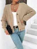 Hotouch Cárdigan Mujer Chaqueta De Punto Mangas De Farolito Chaquetita Tejida Casual Suave Cuello En V con Botones Caqui Abrigo De Punto M - 4