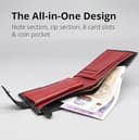 Pelle Toro All-in-One Handmade Mens Wallet, RFID Blocking with Coin Pocket, Fine Leather Card Wallet for Men with 8 Slots and Zip Section, in Wooden Gift Box, Black & Red - 5