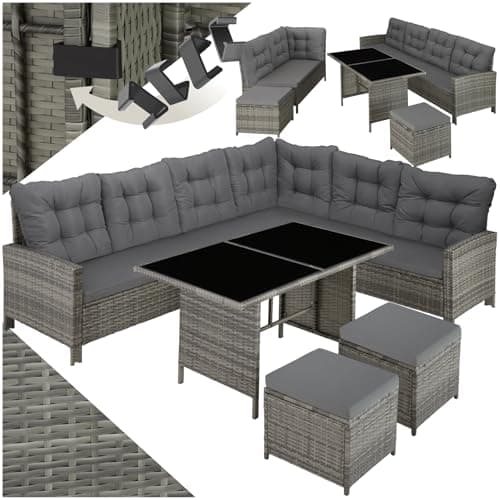 tectake® Conjunto Jardín de Ratán Mesa y Cojines, Conjunto Terraza Resistente a la Intemperie y Combinable, Muebles Jardín Exterior 5 Piezas, Sofá de Esquina, 2 Taburetes y 1 Mesa - Gris Jaspeado/Gris