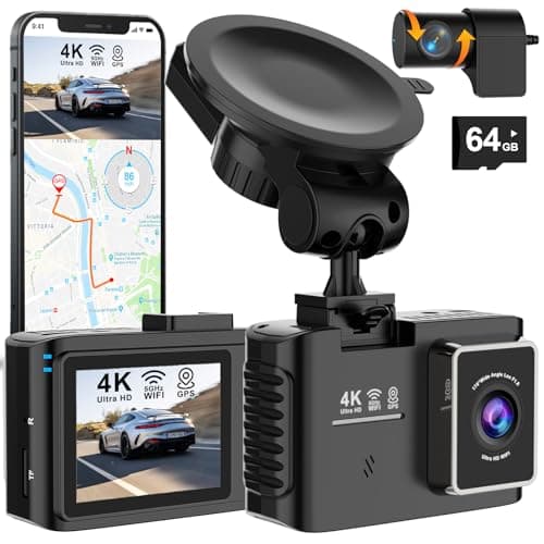 Dashcam Auto Vorne Hinten 4K, 5GHz WiFi Dash Cam mit GPS, 2.0" IPS, 170°Weitwinkel, Dual Auto Kamera mit 24Std Parküberwachung, Super Nachtsicht, WDR, G-Sensor, Loop-Aufnahme, 64GB SD Karte