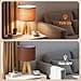Warmiehomy 37cm Wooden Bedside Table Lamp, Modern Tripod Table lamp with Brown-Red Fabric Shade, Button Switch, 4W E27 Warm Light Bedside Lamps for Bedroom, Living Room, Study, Office (Bulb Included) - 4