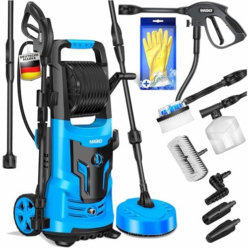 MASKO® Idropulitrice ad alta pressione 2200 Watt 165 bar 450 l/h, con bobina avvolgitubo da 10 m tubo 9.TLG. Accessori con bottiglia di sapone, pistola ad alta pressione per auto