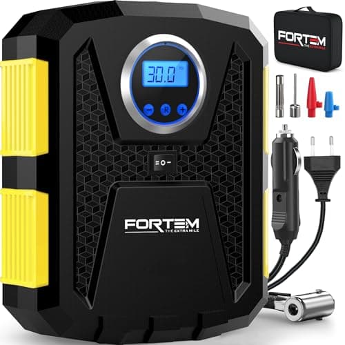 FORTEM Compressore Aria Portatile per Pneumatici, Pompa per Bicicletta, Compressore Aria 230V AC 12V DC con Luce a LED, Manometro Digitale Pneumatici con Gonfiaggio/Spegnimento Automatico (Giallo)